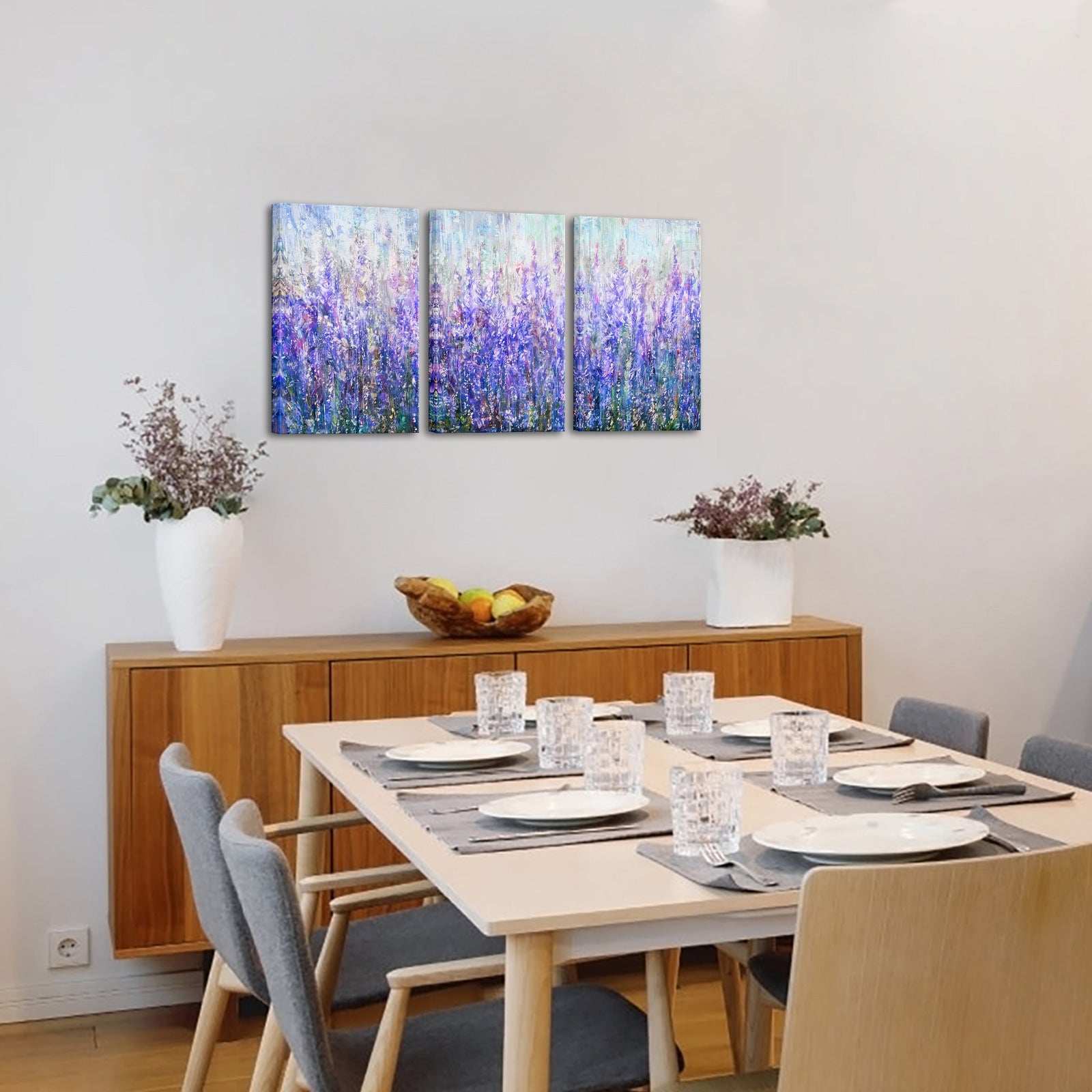Triptych lavender field custom canvas print on living room wall