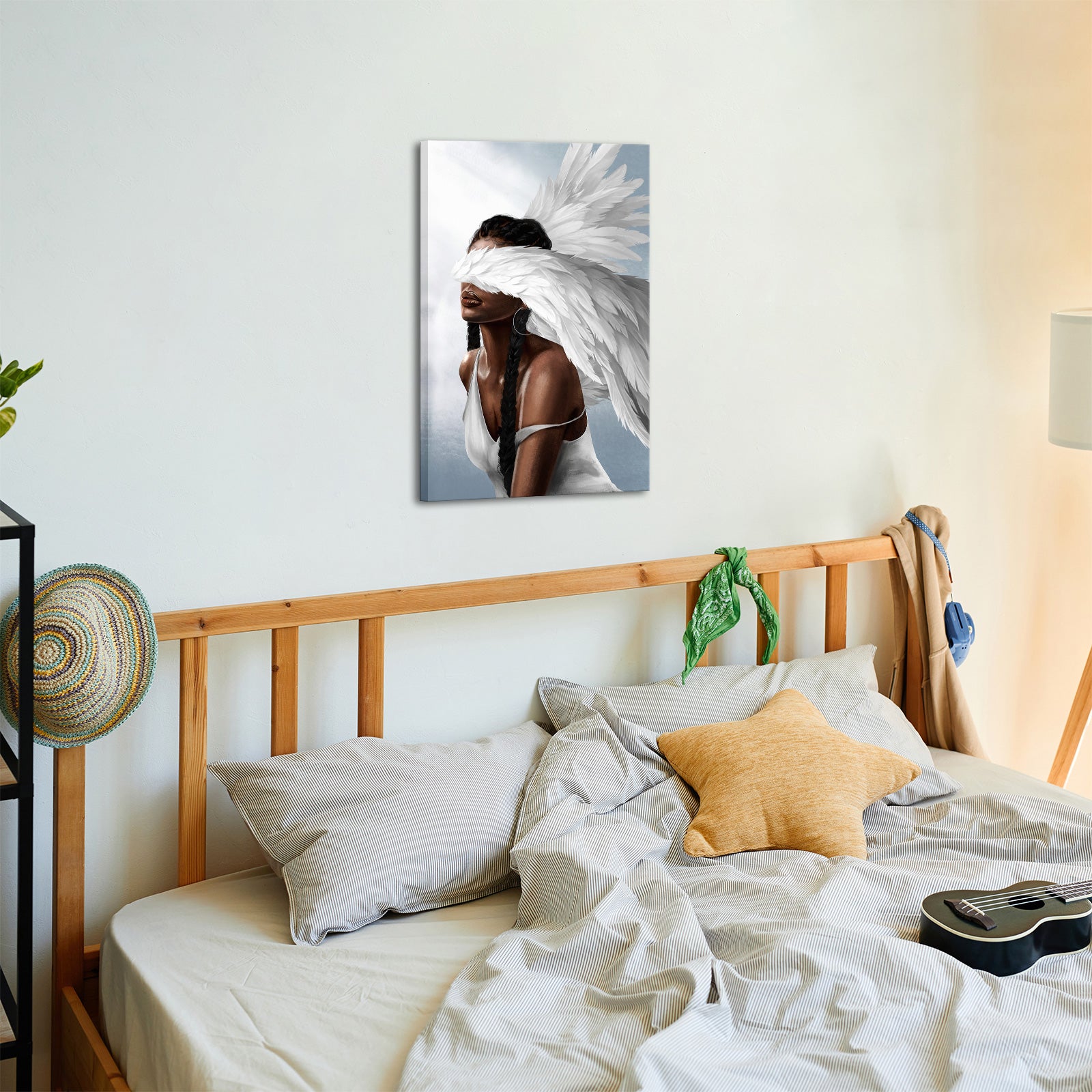 Angel with eyes covered by wings 8x12 inches modern canvas wall art