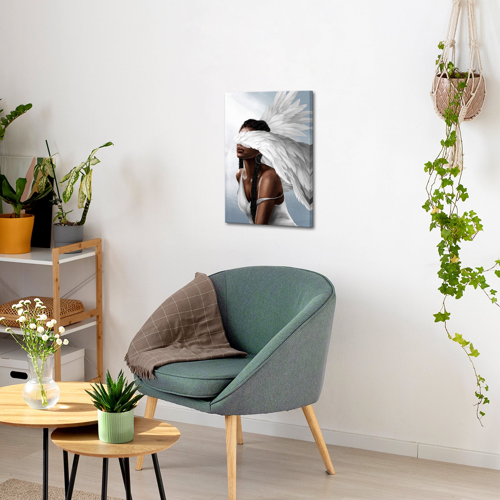 Angel with eyes covered by wings 8x12 inches modern canvas wall art