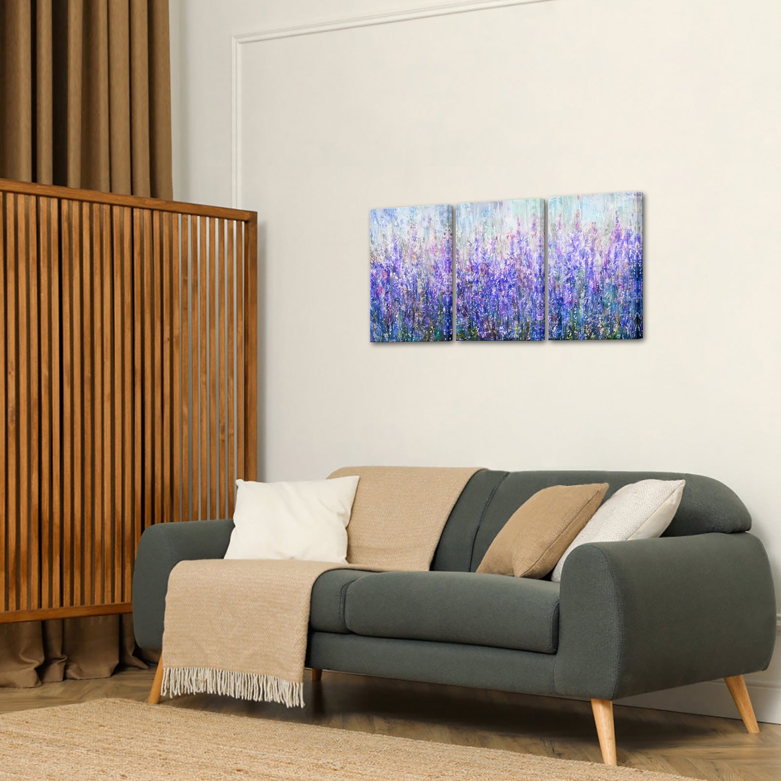 Triptych lavender field custom canvas print on living room wall
