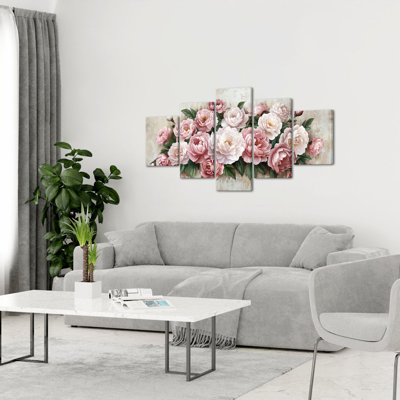 5-panel peony canvas for living room and bedroom