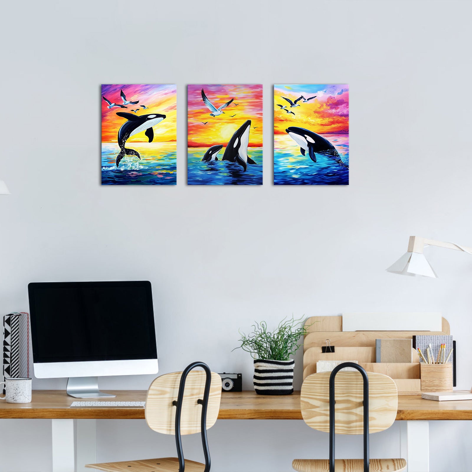 Whales And Seagulls Playing In The Sea