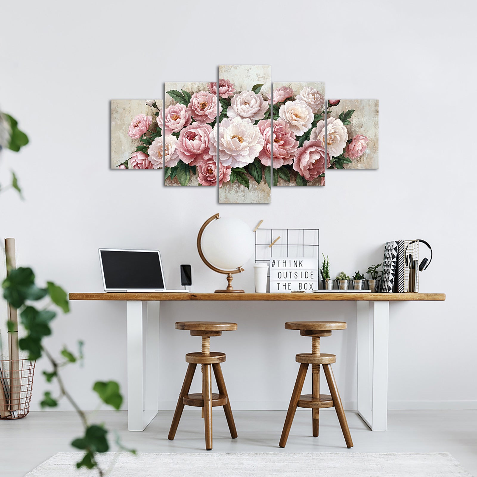 5-panel peony canvas for living room and bedroom