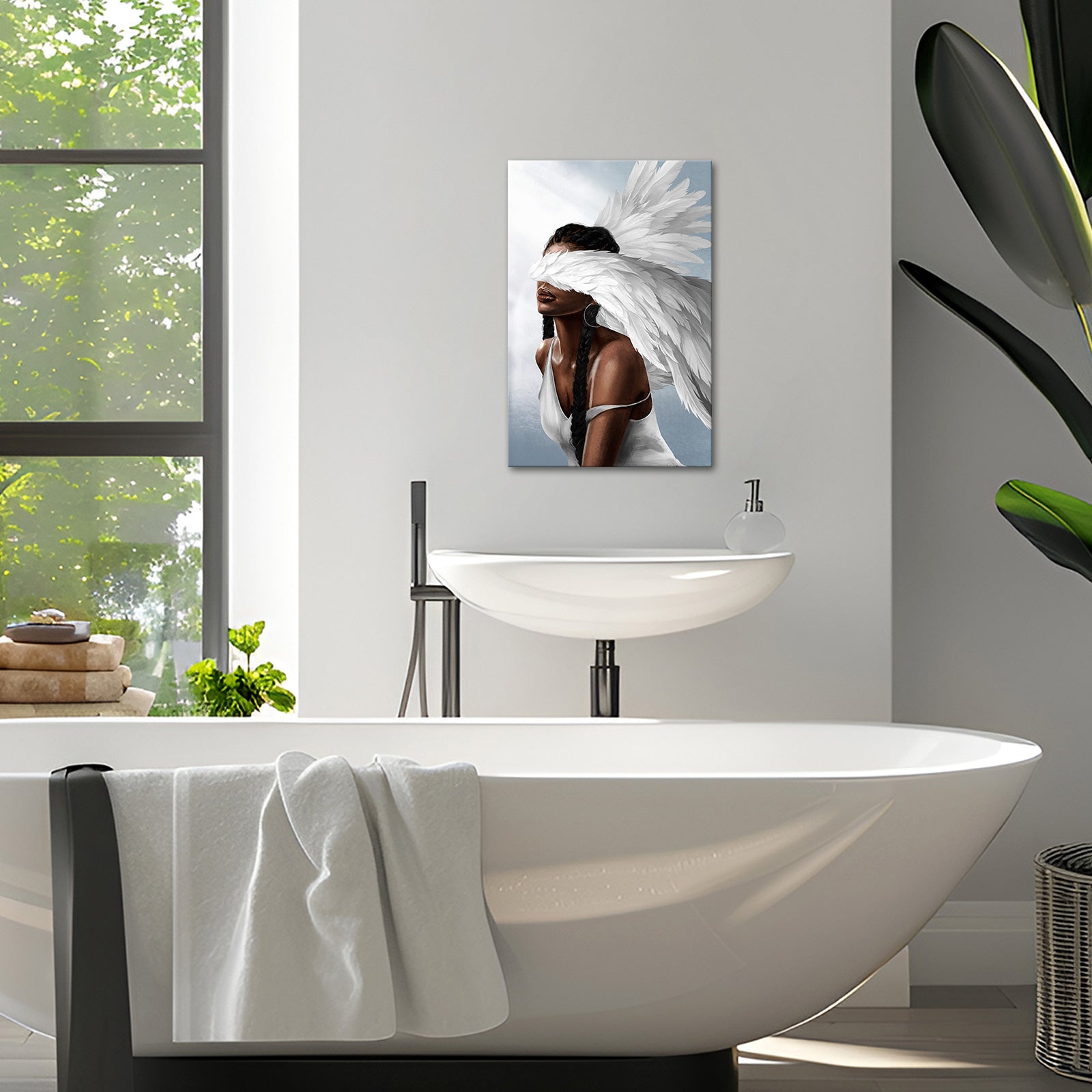 Angel with eyes covered by wings 8x12 inches modern canvas wall art