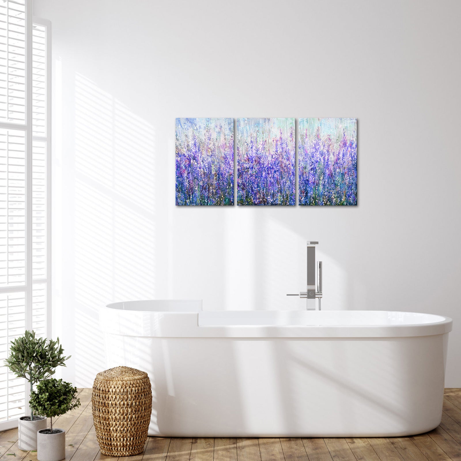 Triptych lavender field custom canvas print on living room wall