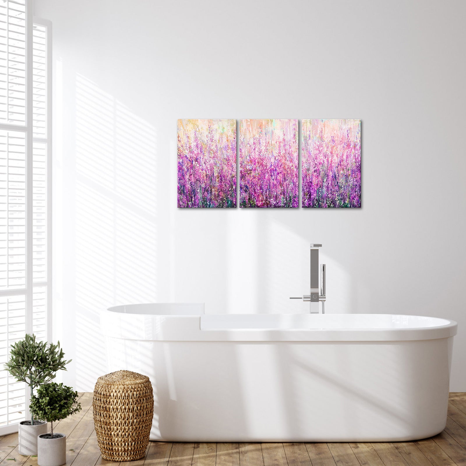 Triptych lavender field custom canvas print on living room wall