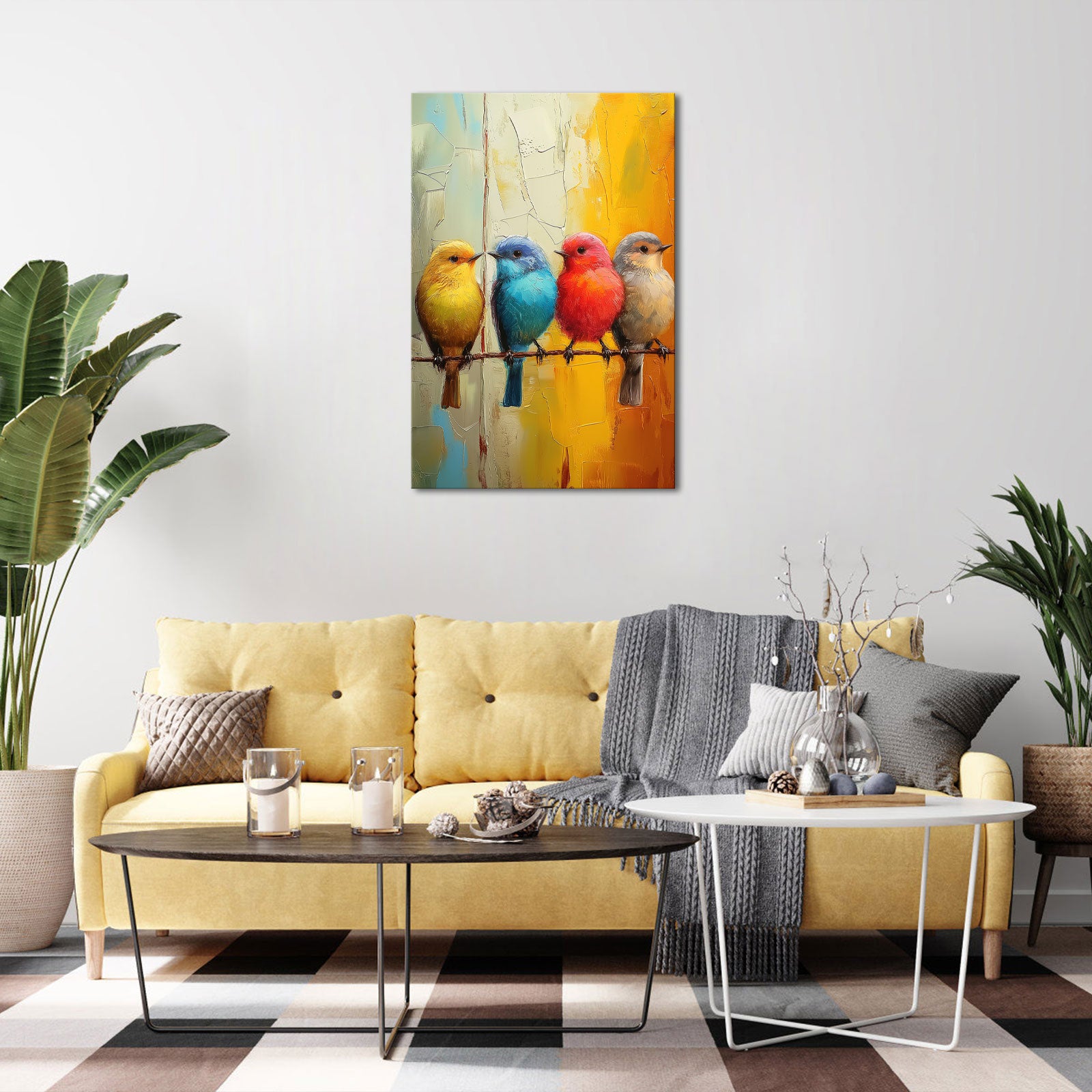 Four Birds Standing On A Branch