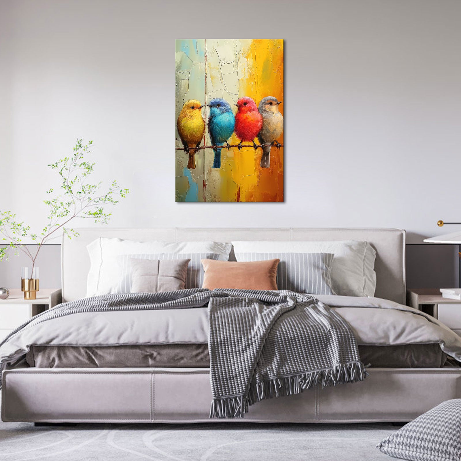 Four Birds Standing On A Branch