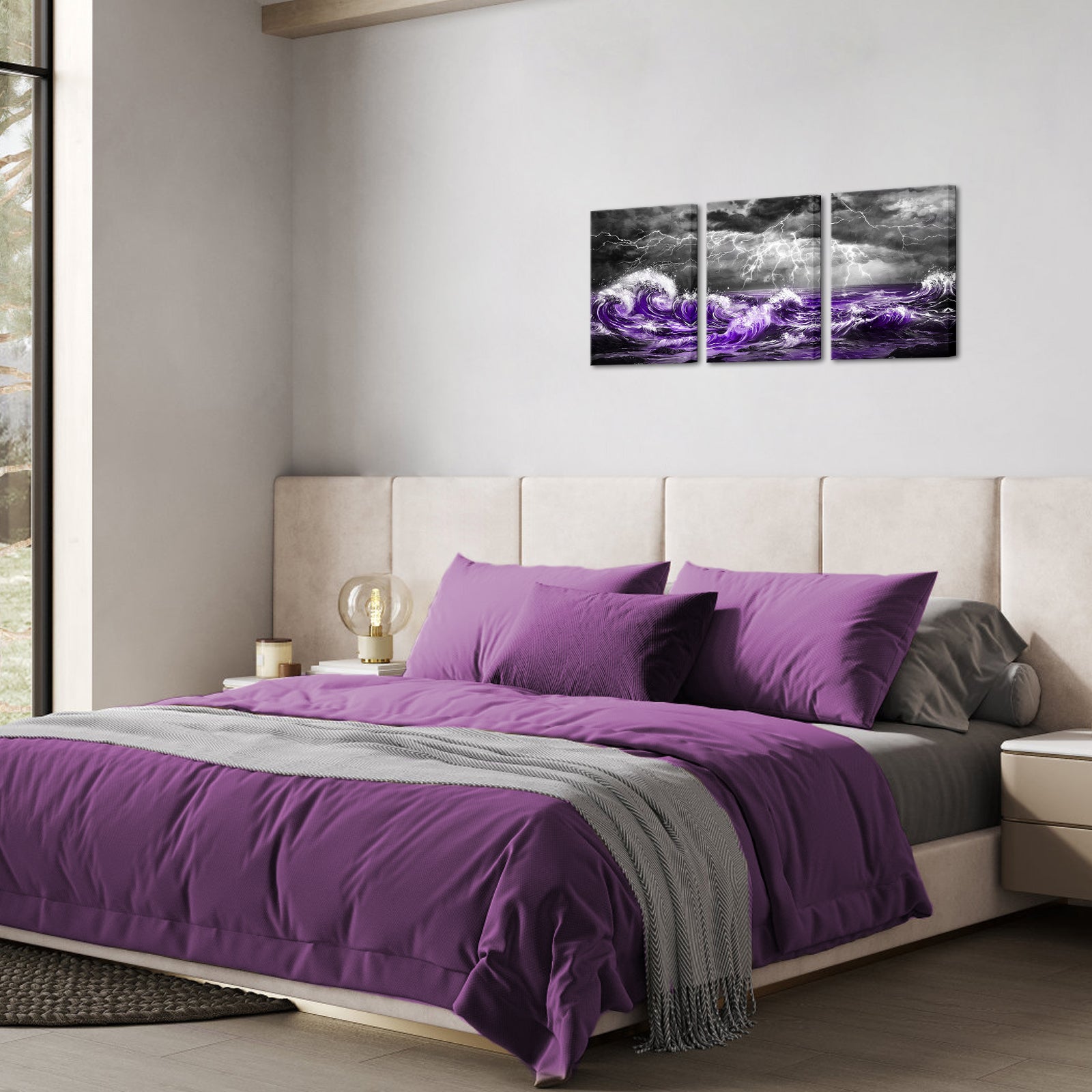 Stormy Seascape Purple Waves Striking Lightning