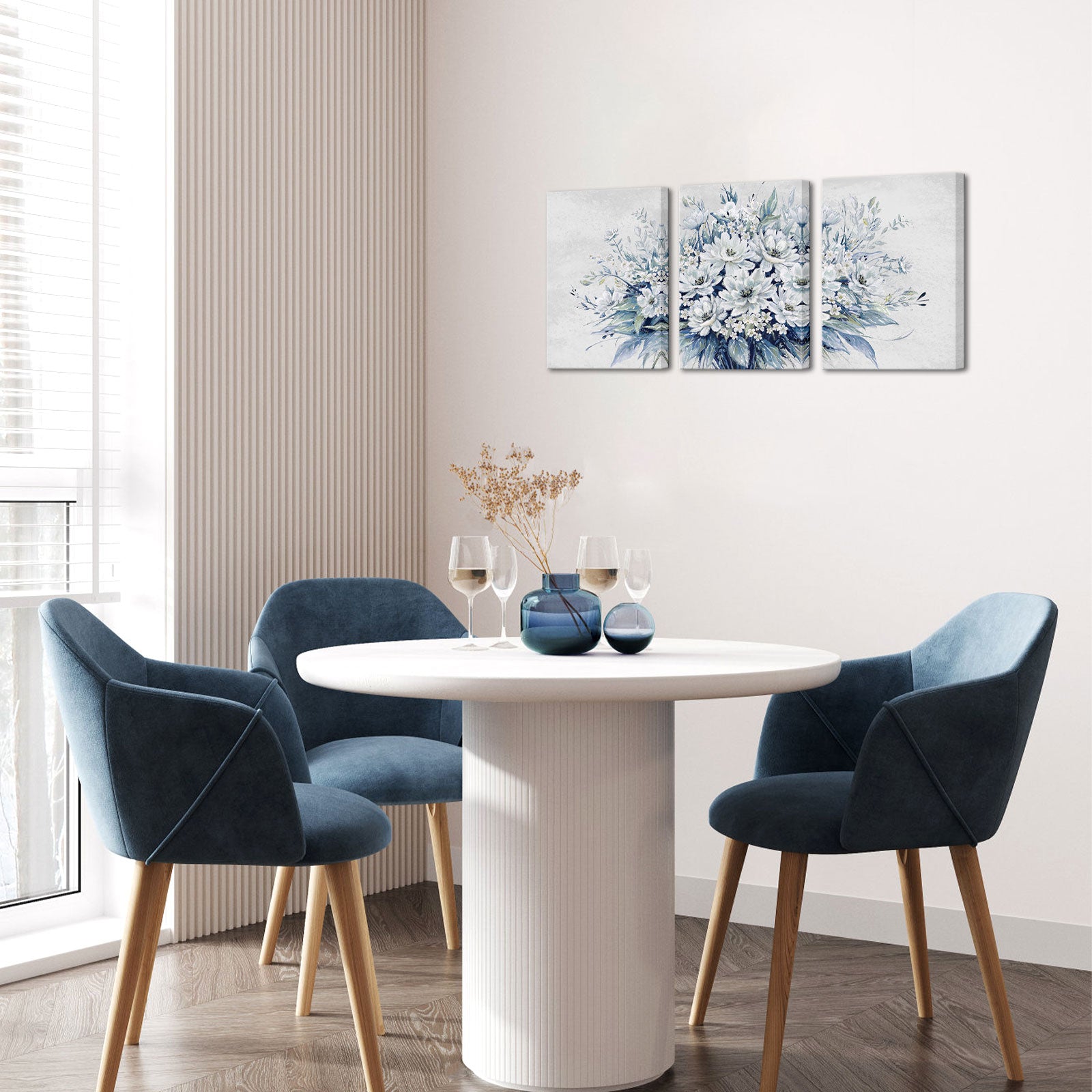 Triptych blue flower bouquet living room wall covering decorative artwork