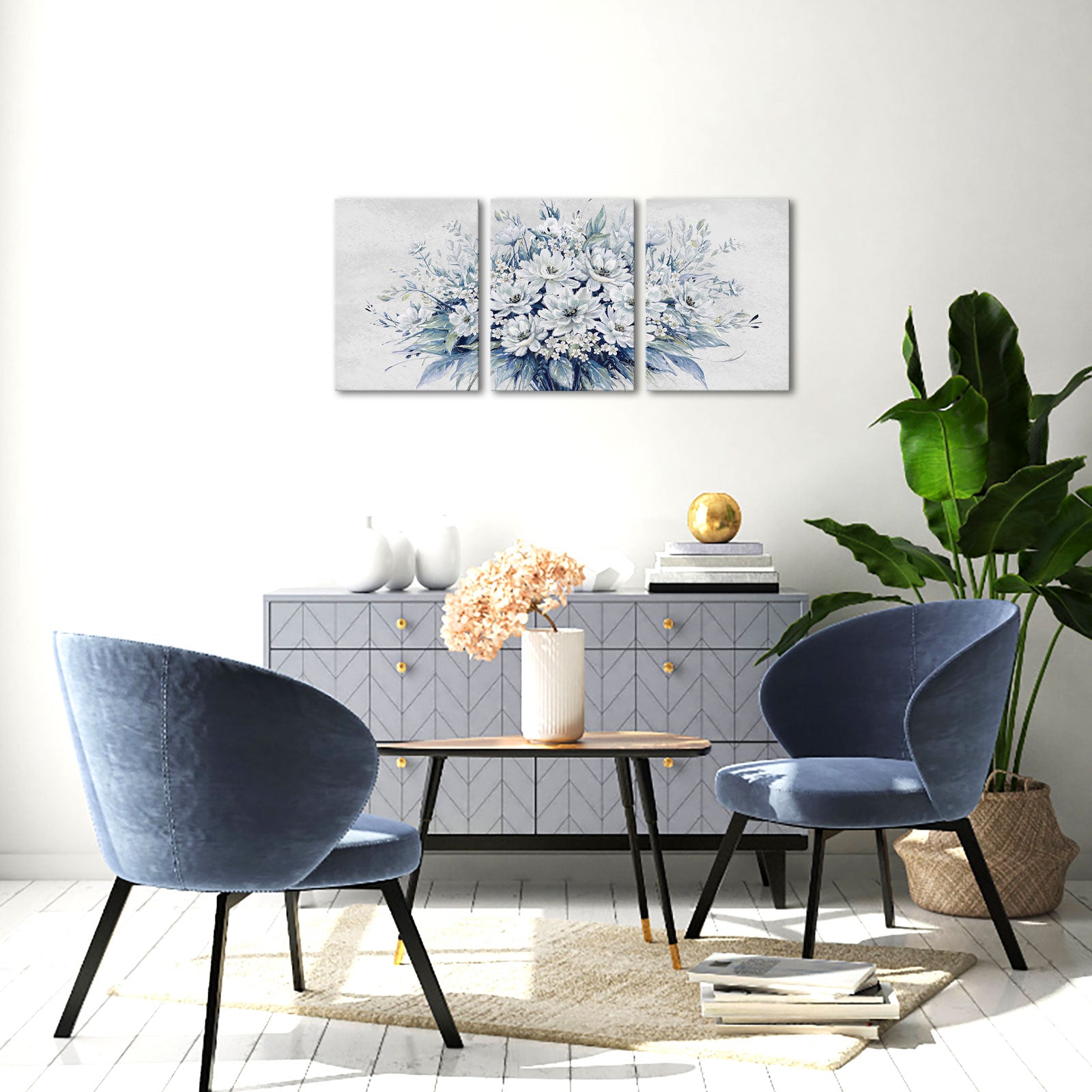 Triptych blue flower bouquet living room wall covering decorative artwork