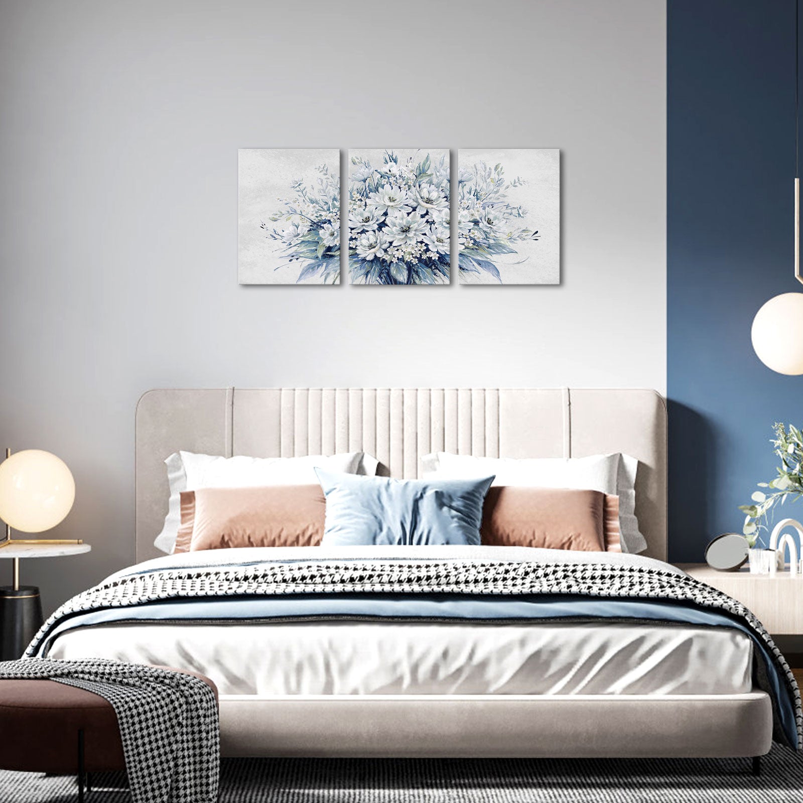 Triptych blue flower bouquet living room wall covering decorative artwork