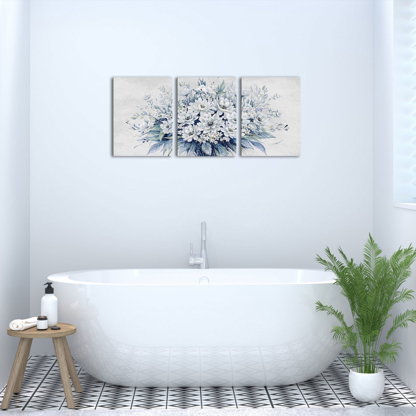 Triptych blue flower bouquet living room wall covering decorative artwork