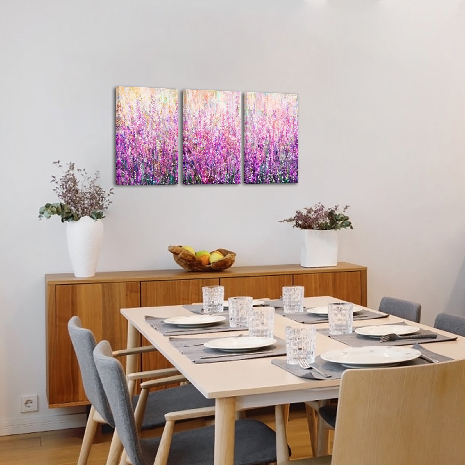 Triptych lavender field custom canvas print on living room wall