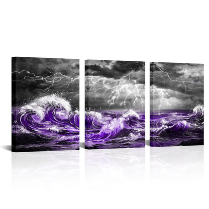 Stormy Seascape Purple Waves Striking Lightning